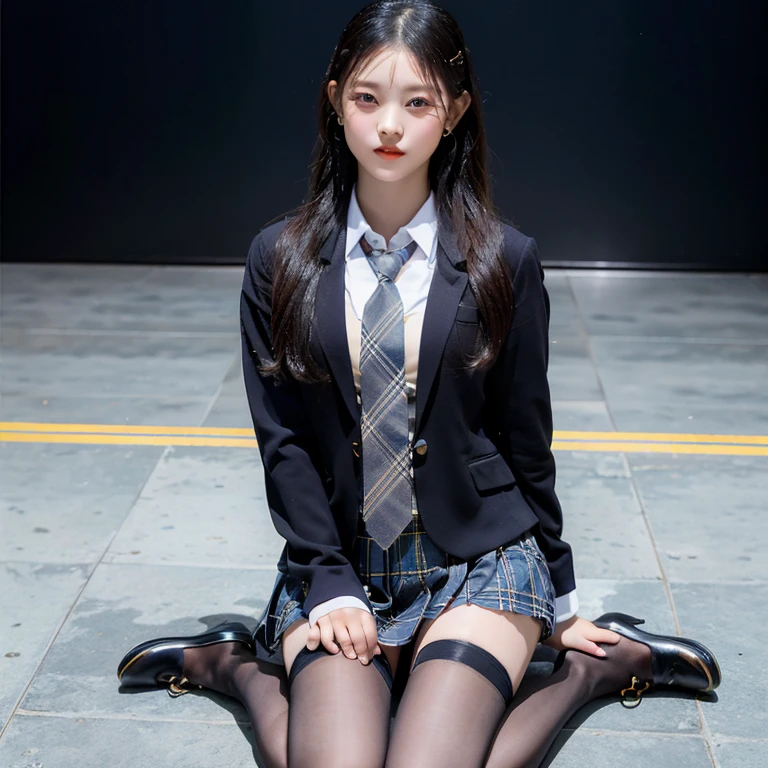 (8k), ( top quality: 1.2), ( realistic ), ( realistic : 1.37),  super high resolution, ( 1 girl), cute, smile,  closed mouth ,  beautiful details, Beautiful Nose,  wet hair , Giant Dulcefo, pork, Thighs，Self Snap,University Student Uniform, simple blazer for dancing on the school stage, pleated skirt,(  The pattern on the skirt and tie is a tartan check pattern...:1.3),( sitting:1), Sit on the ground,(Embrace your legs:1),Opaque tights,do