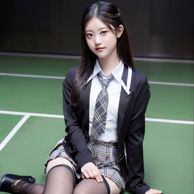 (8k), ( top quality: 1.2), ( realistic ), ( realistic : 1.37),  super high resolution, ( 1 girl), cute, smile,  closed mouth ,  beautiful details, Beautiful Nose,  wet hair , Giant Dulcefo, pork, Thighs，Self Snap,University Student Uniform, simple blazer for dancing on the school stage, pleated skirt,(  The pattern on the skirt and tie is a tartan check pattern...:1.3),( sitting:1), Sit on the ground,(Embrace your legs:1),Opaque tights,do