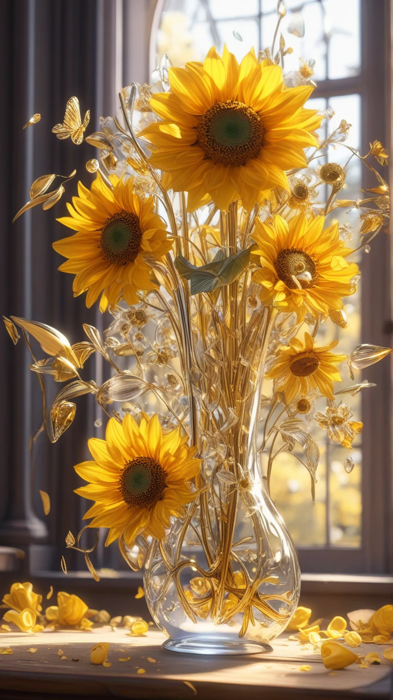  goldのモザイクガラス, Lots of beautiful sunflower flowers in a very long thin vase, soul,  fairy tale, soul、soul,  colorful , Silver,  gold,  Cinematic Lights , 8k, Bage design 、 High Quality 、 Highest Masterpiece