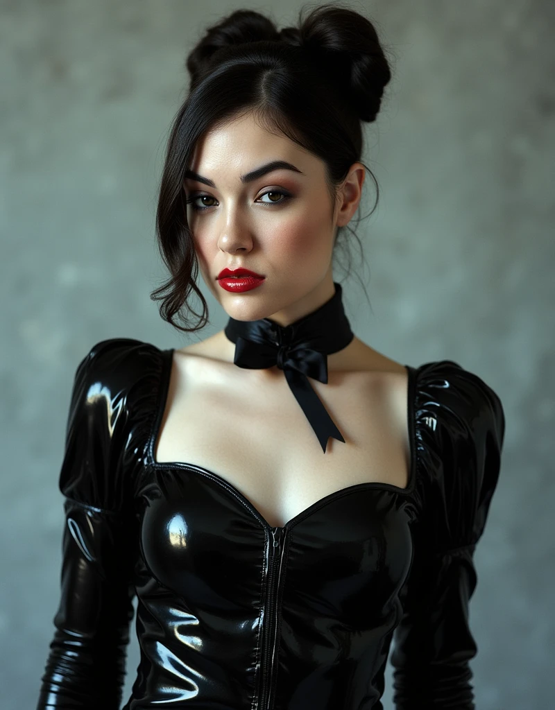 portrait of a Victorian maid wearing a latex uniform, she is wearing red lip gloss, 