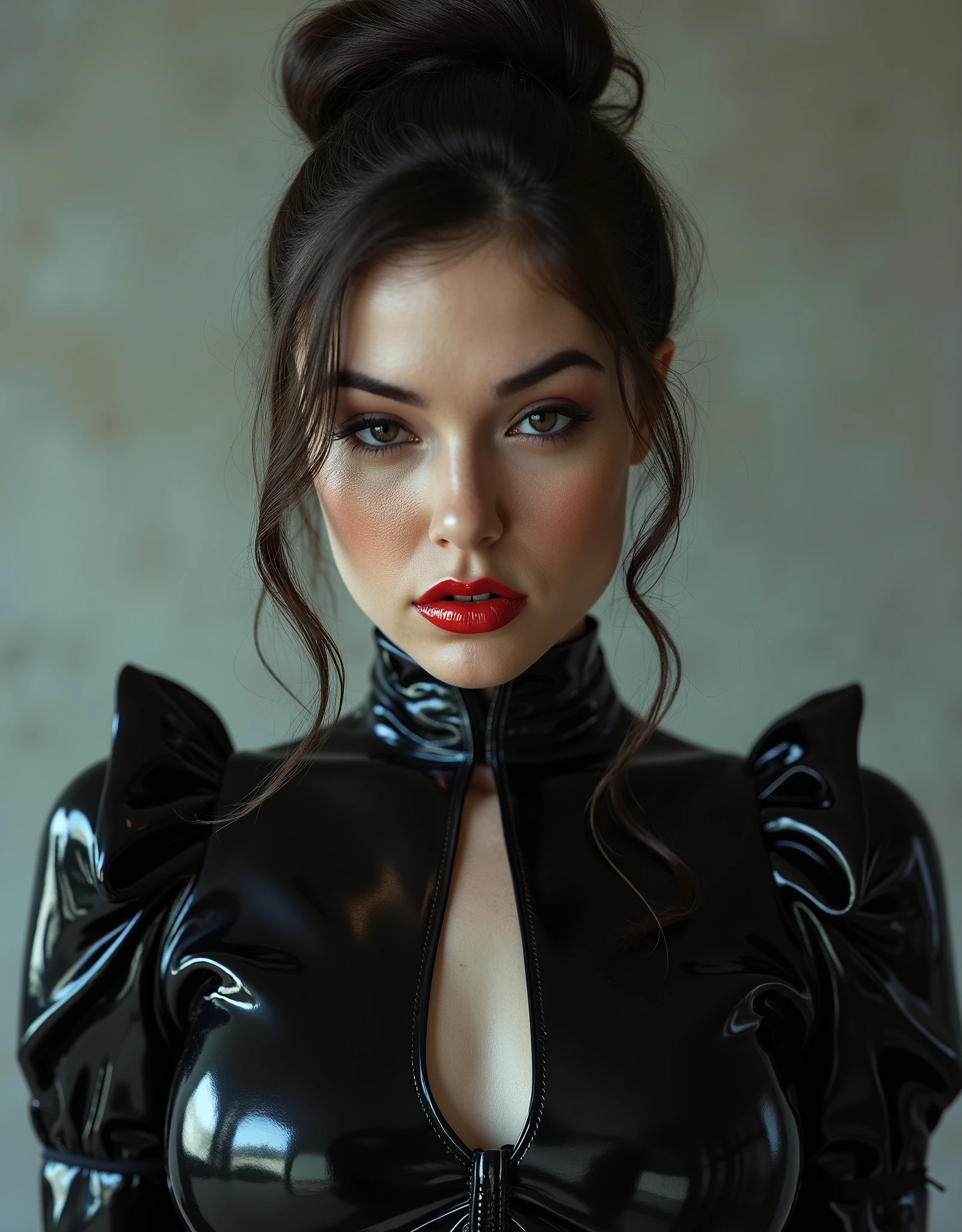 portrait of a Victorian maid wearing a latex uniform, she is wearing red lip gloss, 