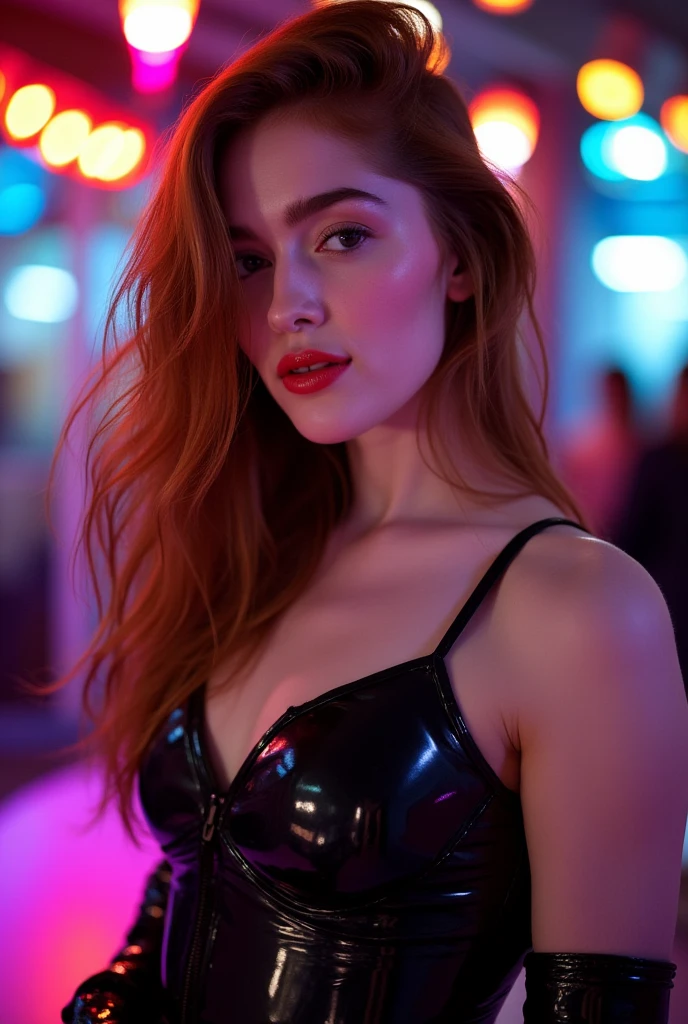 portrait, she is wearing shiny red lip gloss, looking directly at the viewer, she is wearing a latex cyberpunk outfit, she is standing in a nightclub, the room is brightly lit with neon lights,