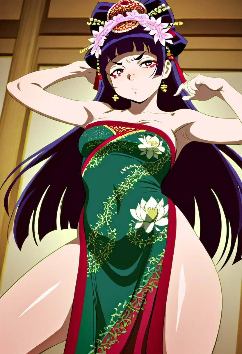 (((Highest quality､Ultra-high resolution､masterpiece: 1.2))), Highly detailed anime art style,Teen Style, (Off the shoulder,Earrings, A luxurious interior of the Tang Dynasty harem), Detailed green hair, Detailed blue eyes, Complicated hairstyle, Long Hair,Sparkling eyes,like々Shii,hair accessory, チャイニーズEarrings着用, She has a hairpin on her head、Half Up, Slightly blunt bangs, Detailed lighting, Bright colors, Looking at the audience, 45 degree top down shot､Facing forward､Stand in the center of the image､Cowboy Shot,Cat､Curvaceous､Big Breasts､Big Ass､High-end kimono､Traditional Tang Dynasty Kimono、Crimson lipstick､Courtesan-style costume、