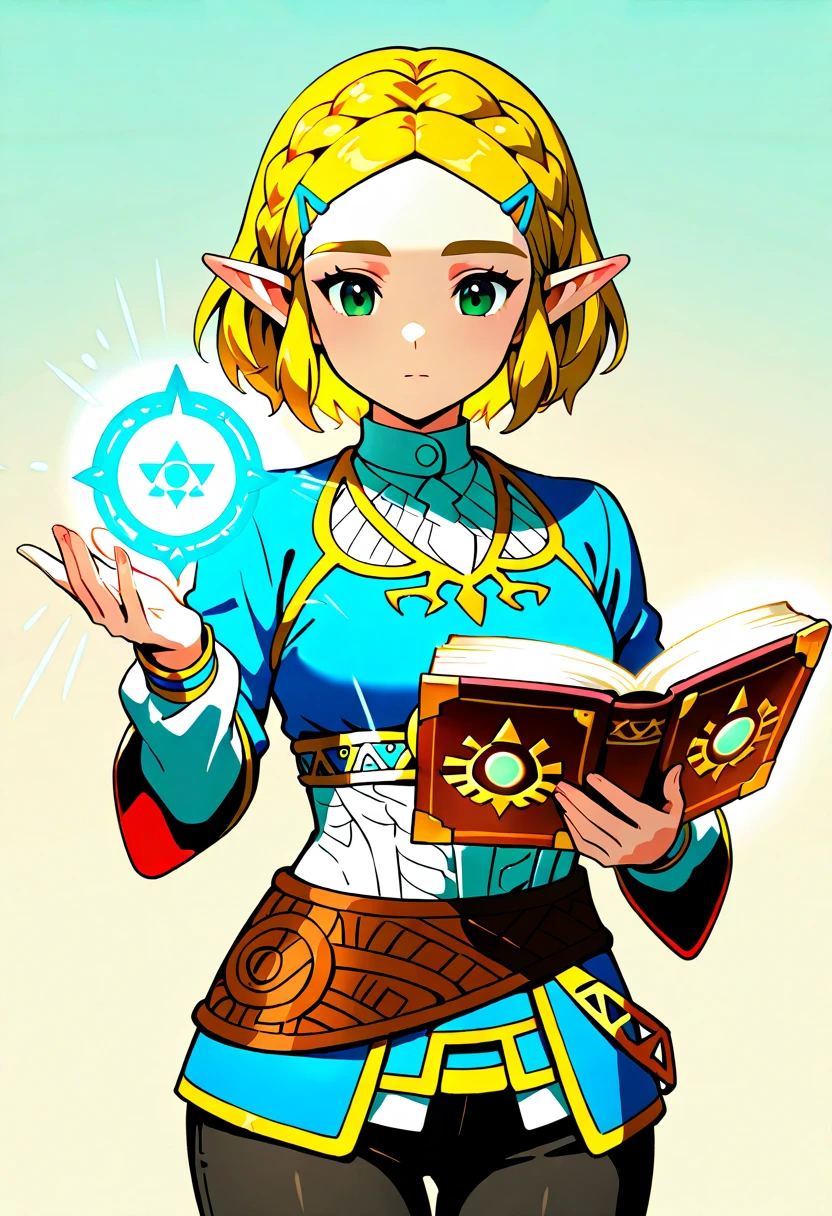 Princess Zelda,  1 girl,  Artist's Request , belt,  blonde hair , blue  shirt, Books,  boots,  expressionless, whole body,  green eyes,  high definition ,  look at the viewers,  magic , Nintendo,  pants, pointy ears,  shirt,  short hair to be shouldered, simple background, Alone,  The Legend of Zelda,  The Legend of Zelda:  Breath of the Wild ,  The Legend of Zelda: Tears of the Kingdom, Flower of Light,  magic 