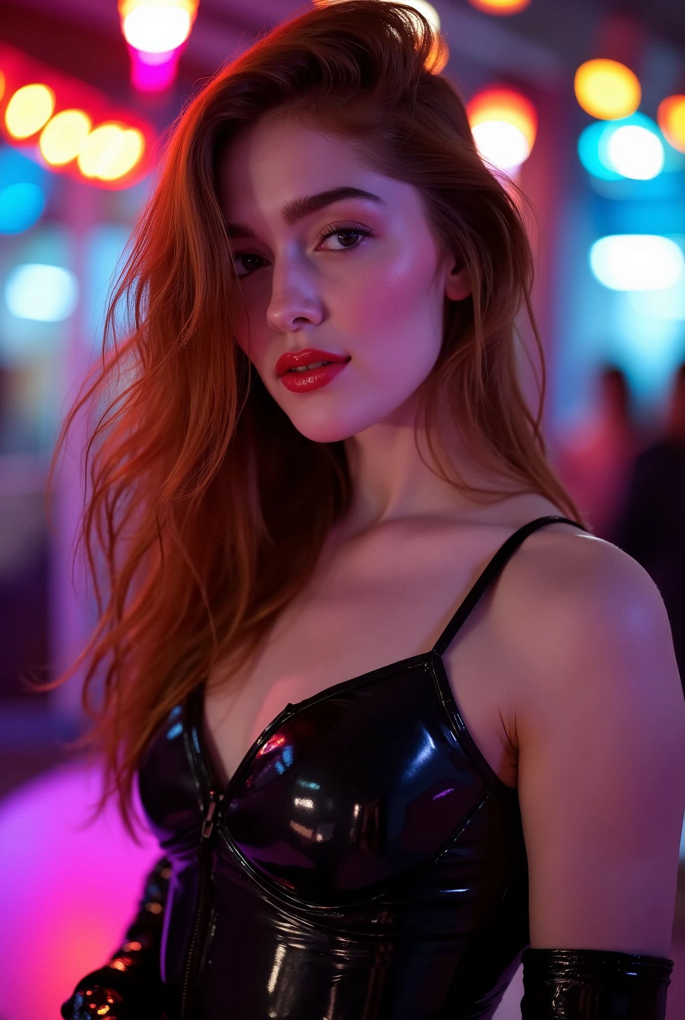 portrait, she is wearing shiny red lip gloss, looking directly at the viewer, she is wearing a latex cyberpunk outfit, she is standing in a nightclub, the room is brightly lit with neon lights,