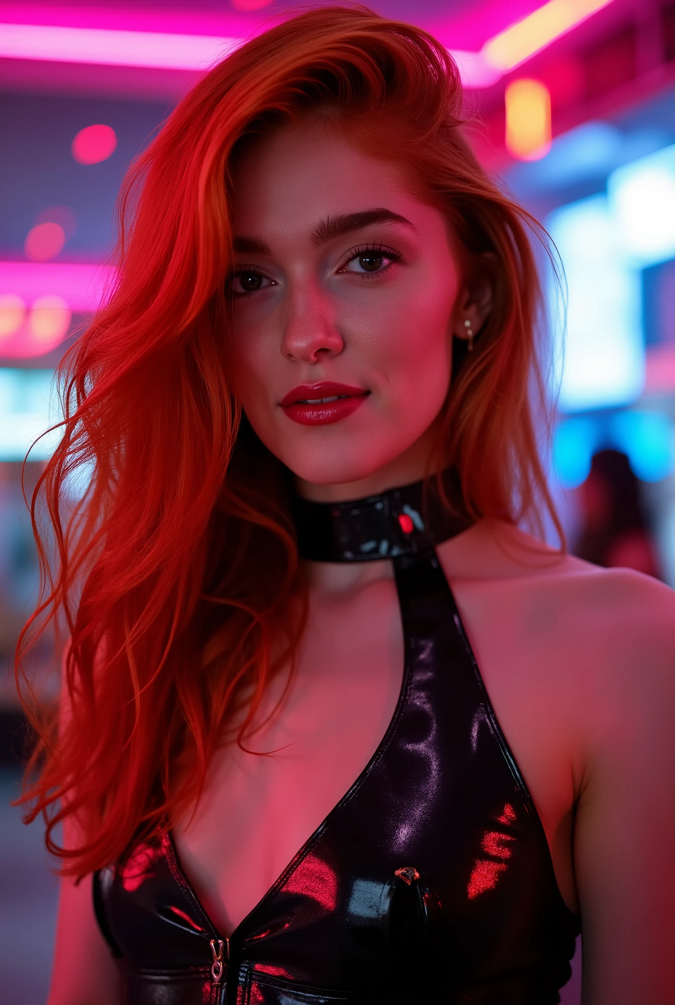 portrait, redhead, she is wearing shiny red lip gloss, looking directly at the viewer, she is wearing a latex cyberpunk outfit, she is standing in a nightclub, the room is brightly lit with neon lights,