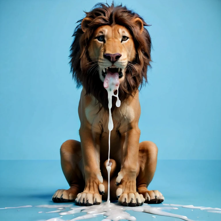 (((lion, feral, big dog sheath cuming, huge balls, sitting, paws on sheath, excessive cum stream, cum from mouth, paws on crotch))), (((((front view, masterpiece, high details, high quality, best quality, highres, HD, realistic, blank blue background))))))