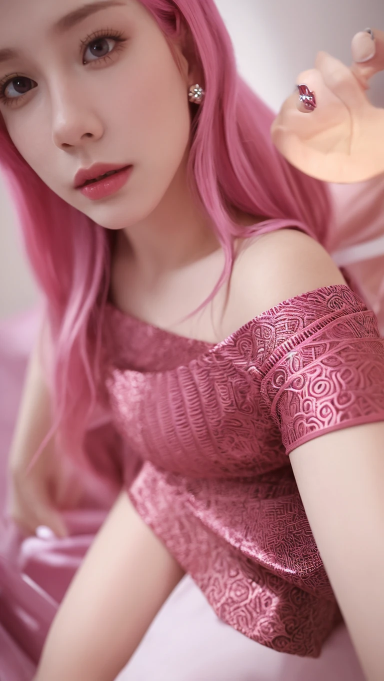 HighestQuali，Highest image quality，8K photography，4 k hd wallpaper，Kizi（doll，（Detailed depiction of the face：1.3），（Short pink hair：1.3），（sitting on his knees on the bed：1.4），（raised head：1.5），（Face（Sticky milk drips on the face：1.7），（Thick white liquid：1.5））），Extreme detail