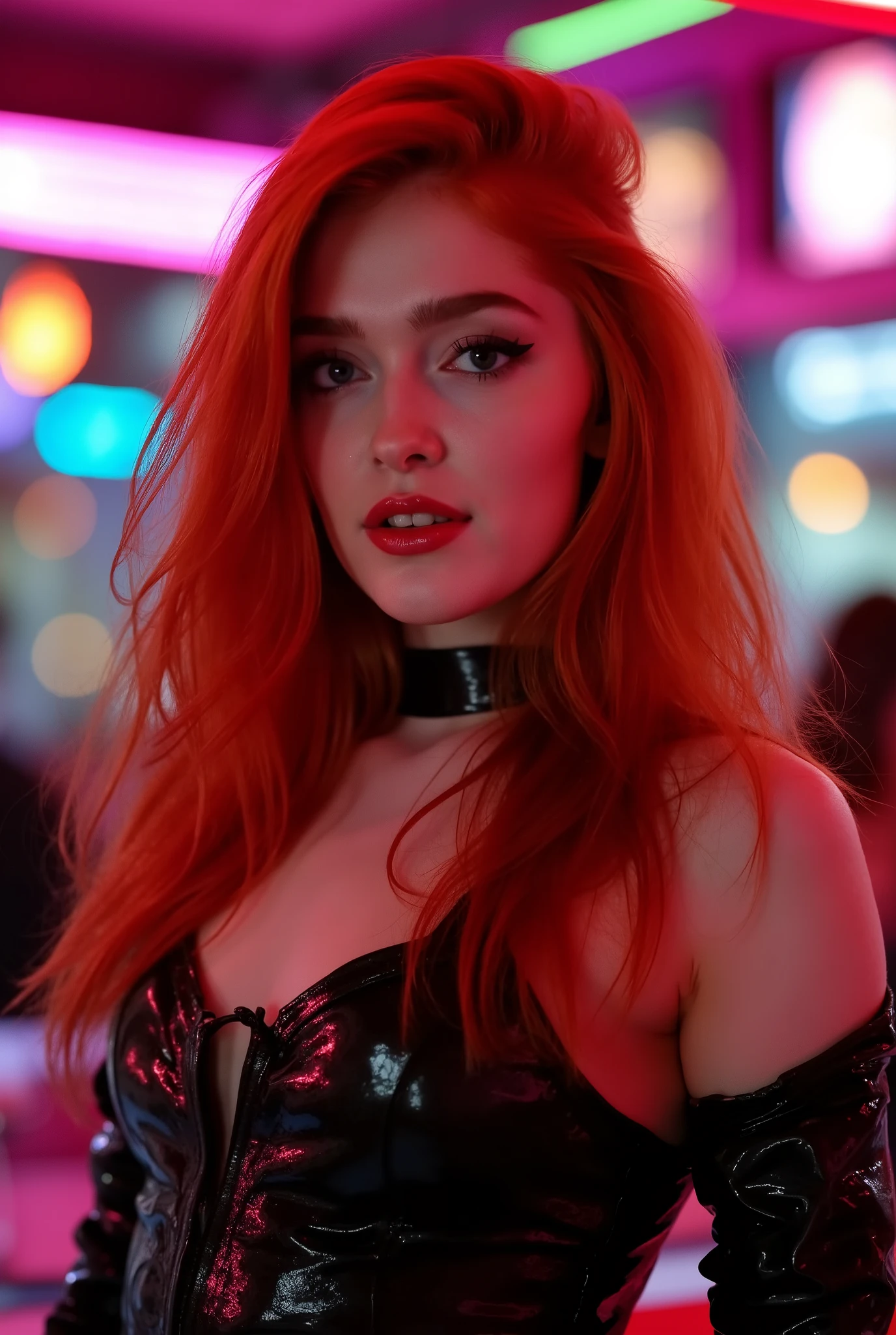 portrait, redhead, she is wearing shiny red lip gloss and thick eyeliner flicks, looking directly at the viewer, she is wearing a latex cyberpunk outfit, she is standing in a nightclub, the room is brightly lit with neon lights,