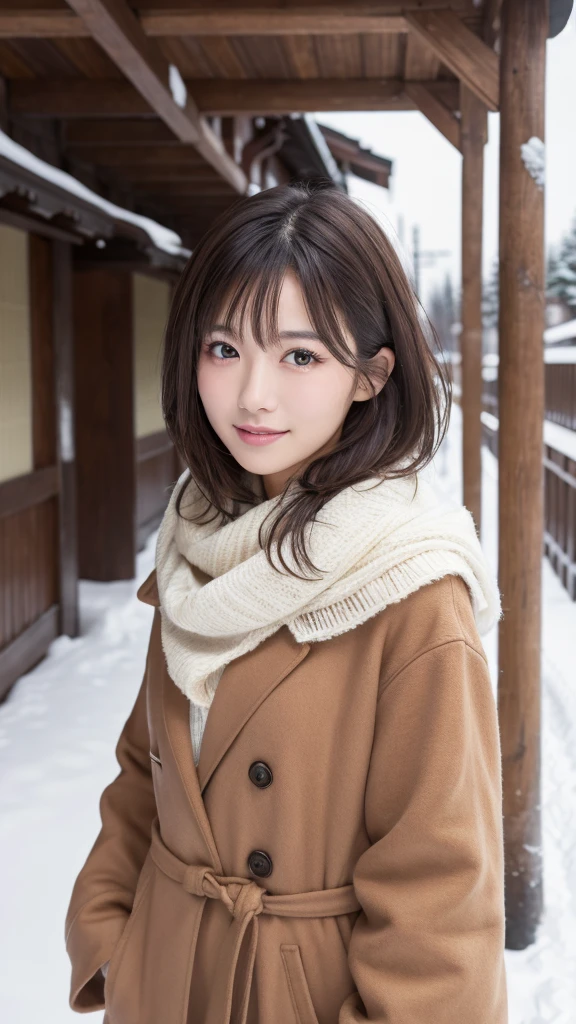 (highest quality, 4K, High resolution, table top:1.2), Super detailed, realistic:1.37, beautiful and detailed eyes, beautiful detailed lips, highly detailed eyes and face, long eyelashes, down coat, mini pleated skirt、 innocent smile, rosy cheeks, station platform, baby-faced girl, thighs thighs, lively atmosphere、snow scene、short cut hair、burst into laughter