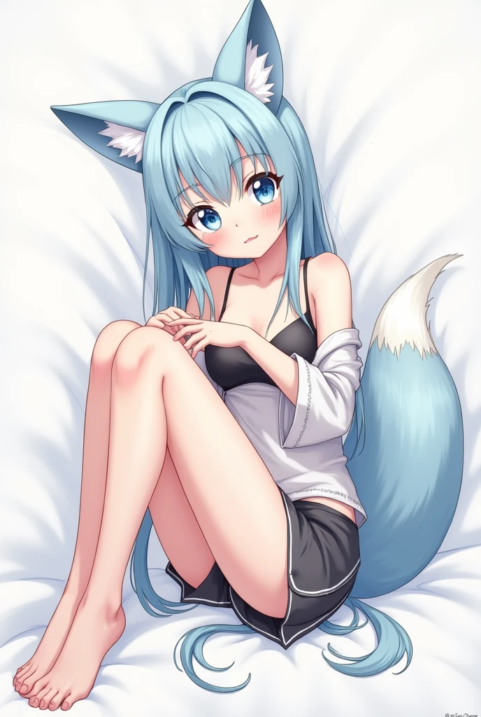 Score_9, score_8_up, score_7_up, masterpiece, best quality, 1girl, solo, an Anthro furry blue fox girl, fox snout, black nose, IncrsXLRanni, wavy hair, cracked skin, colored skin, blue fur, extra arms, four arms, doll joints, on a bed, in a magical white bedroom, shy expression, smiling, lying on her back, seductive, naked, covering her breasts and her pussy, looking at viewer