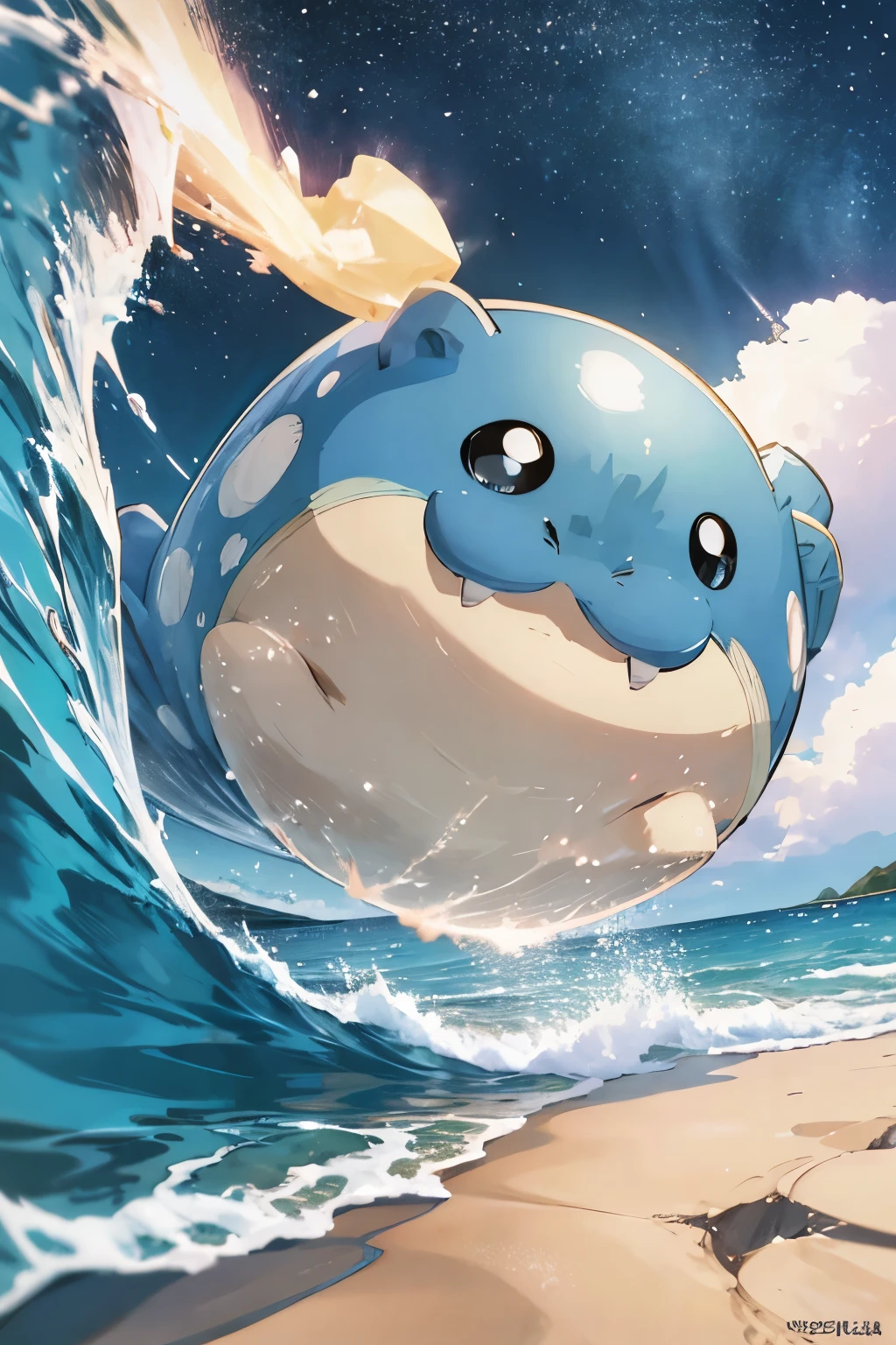  sandy beach　Wave Splash　one_Cute single girl playing with Spheal　かわいいポケモン　Depiction of light　 top quality　 high definition 　 anime style