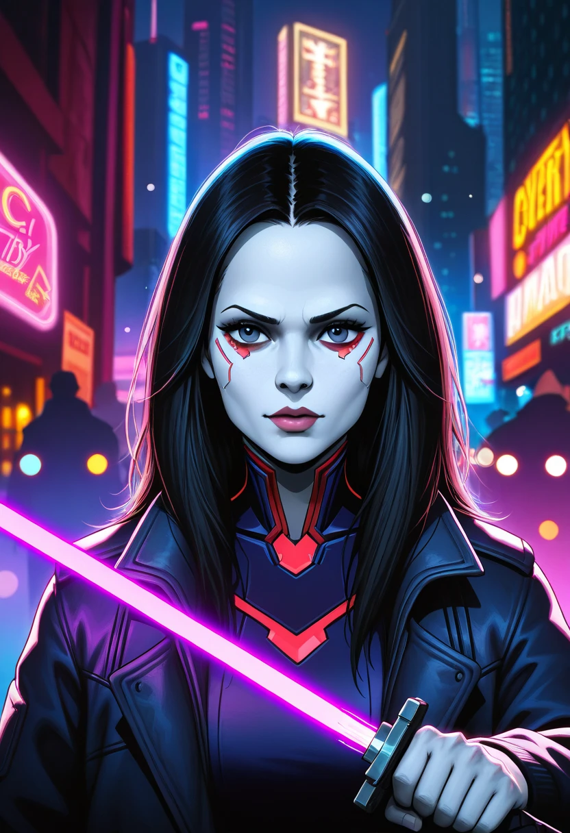  beautiful woman,  anti-hero wearing black and purple uniform, Laser katana sword in hand,  white skin,   long black hair,  Portraits, Jeff Bridges, (( Cartoon Style )), Marvel Cinematic Universe Style , (((Cyberpunk city in the background ))),  Soft Bokeh in the Future City , Athi Gairan, Jeremy Mann,  Greg Manchez , Antonio Moro,  artstation trends , CGSociety Trends,  complicated,  high detail,   sharp concentration,  Dramatic and photorealistic painting art by Midjourney and Greg Ratkowski, Bokeh on the background