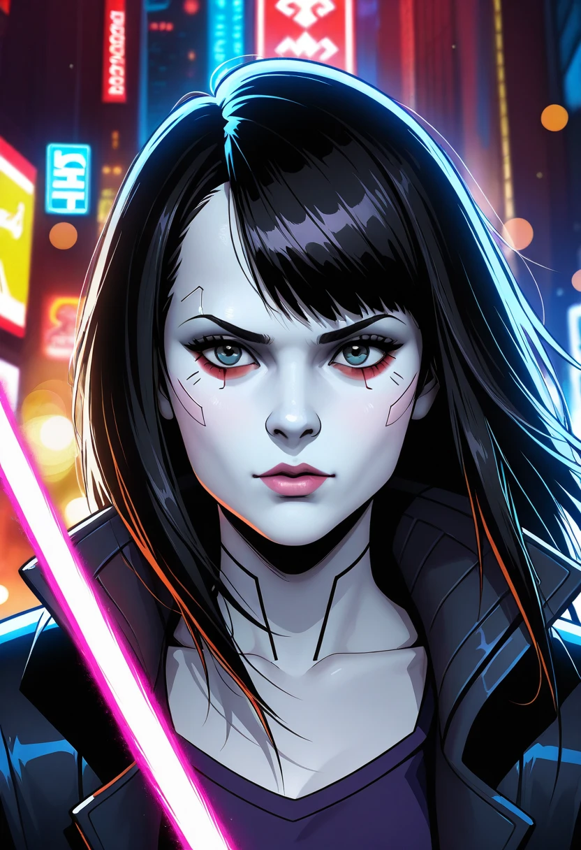  beautiful woman,  anti-hero wearing black and purple uniform, Laser katana sword in hand,  white skin,   long black hair,  Portraits, Jeff Bridges, (( Cartoon Style )), Marvel Cinematic Universe Style , (((Cyberpunk city in the background ))),  Soft Bokeh in the Future City , Athi Gairan, Jeremy Mann,  Greg Manchez , Antonio Moro,  artstation trends , CGSociety Trends,  complicated,  high detail,   sharp concentration,  Dramatic and photorealistic painting art by Midjourney and Greg Ratkowski, Bokeh on the background