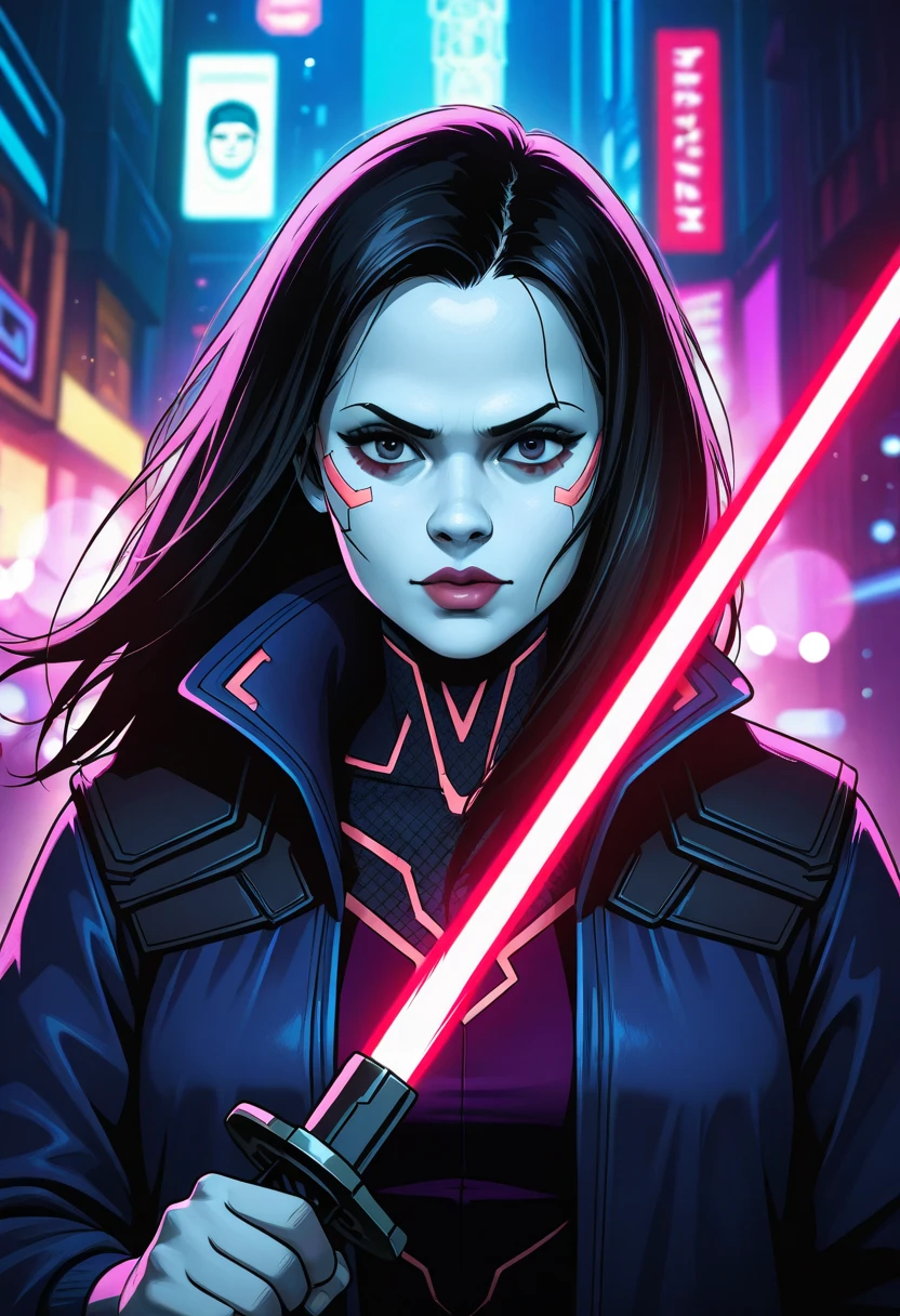  beautiful woman,  anti-hero wearing black and purple uniform, Laser katana sword in hand,  white skin,   long black hair,  Portraits, Jeff Bridges, (( Cartoon Style )), Marvel Cinematic Universe Style , (((Cyberpunk city in the background ))),  Soft Bokeh in the Future City , Athi Gairan, Jeremy Mann,  Greg Manchez , Antonio Moro,  artstation trends , CGSociety Trends,  complicated,  high detail,   sharp concentration,  Dramatic and photorealistic painting art by Midjourney and Greg Ratkowski, Bokeh on the background