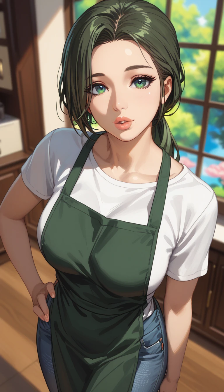 (masterpiece, best_quality:1.2), 1girl, solo, mature female, dark-green hair, low ponytail, t-shirt, jeans, apron, beautiful eyes, female focus, looking at viewer, ((finger on lips)), ((above view)) ((close up shot)) ((solo)) detailed, very high resolution, no blurry image, standing, beautiful, elegant, serene expression, intricate details, detailed background, bedroom:1.3