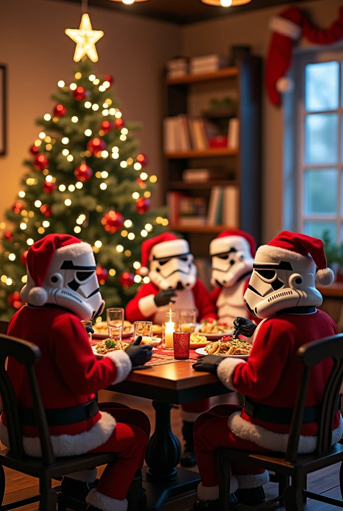 A cozy indoor Christmas scene featuring a beautifully decorated Christmas tree with LED lights, stormtroopers in Santa costumes enjoying a festive dinner together, realistic style, warm lighting, holiday decorations, cheerful atmosphere