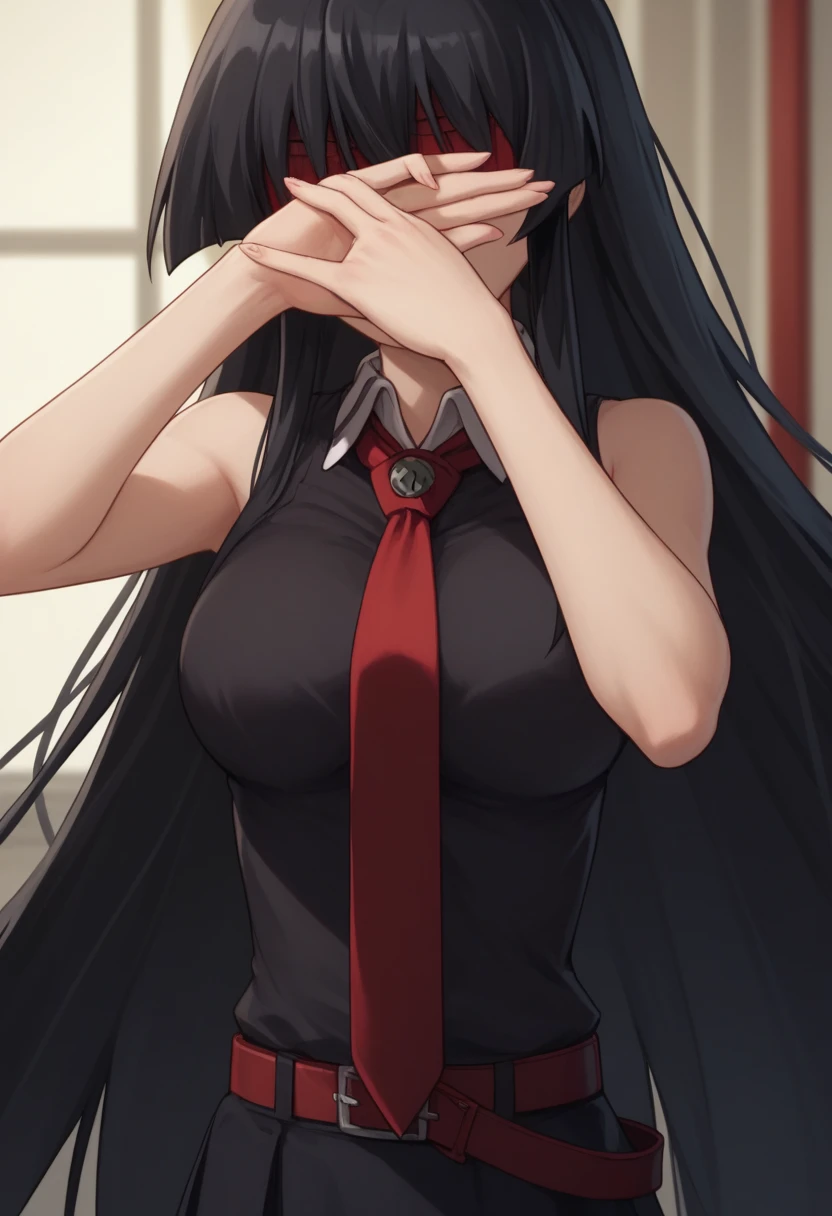 
akame, long hair, black hair, red eyes, hair between eyes,skirt, dress, necktie, sleeveless, belt, shirt, black shirt, collared shirt, red necktie, black skirt,girl,covering her eyes with one hand, 1girl, solo, (covering own eyes, One-handed v)