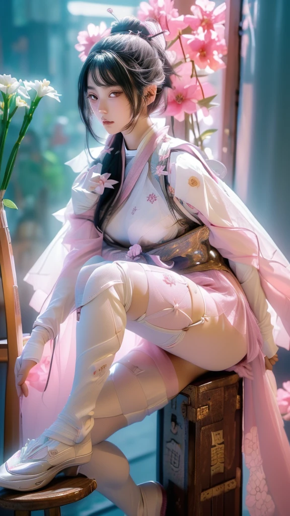  A sexy female character wearing white armor as a warrior from the Sengoku period 、((Messy bun hair))、((raven black hair))、((toned body))、(glistening skin)、 tight body、((mega breasts 1.8))、 plump breasts 、 plump thighs 、 The white armor with the Nadeshiko flower pattern engraved on it is a bikini type design that emphasizes chest exposure、(  wear a cape with a Nadeshiko flower pattern )、cocoon silhouette skirt、 white shin guard with Nadeshiko flowers engraved on it 、Pink high-leg underwear 、White tights、 absolute domain、((leaning forward))、((acrobatic pose))、Dramatic lighting、Big Yamabuki flowers in full bloom are blooming in front of the glorious hill where the sun is rising 、Big Asahi 、(( The background is full blooming with large Nadeshiko flowers blooming in full bloom ))、(( A sexy female character wearing white armor as a warrior from the Sengoku period ))、 cinema-like scene 、((Background Japanese dianthus)) 、((foreground　Japanese dianthus))、 Max Image、 Ultra High Definition、8k