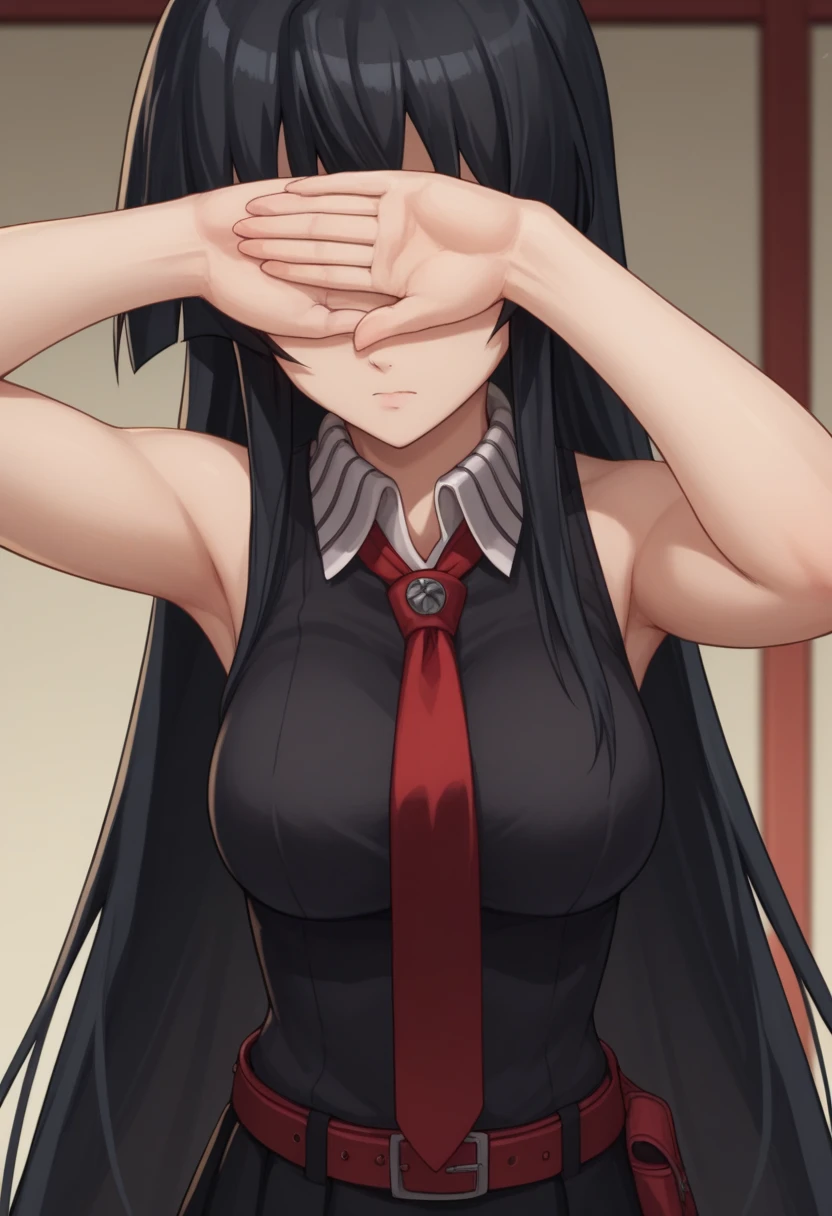 akame, long hair, black hair, red eyes, hair between eyes,skirt, dress, necktie, sleeveless, belt, shirt, black shirt, collared shirt, red necktie, black skirt,girl,covering her eyes with one hand, 1girl, solo, (covering own eyes, One-handed v)