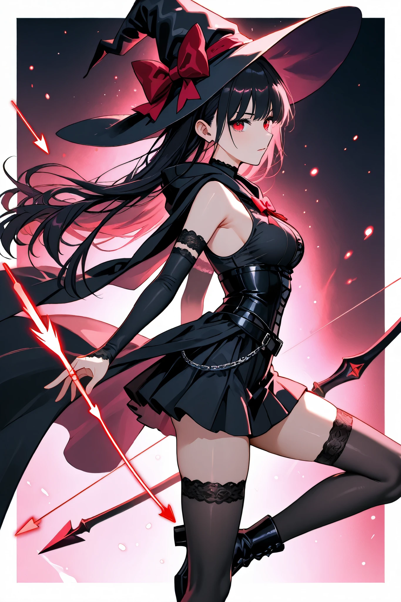 Goth girl, 1girl、Magical bow and arrow 、A bow and arrow composed of magic、from side, dynamic composition、adult witch、 miniskirt、Magic Activation、 Magical Aura 、 action、Witch Robe、 sleeveless、 arm cover,Combat Stance、red eyes,、Particles of light