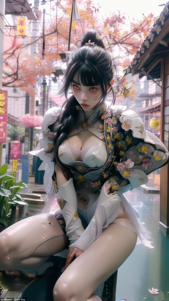  A sexy female character wearing white armor as a warrior from the Sengoku period 、((Messy bun hair))、((raven black hair))、((toned body))、(glistening skin)、 tight body、((mega breasts 1.8))、 plump breasts 、 plump thighs 、 The white armor with the Nadeshiko flower pattern engraved on it is a bikini type design that emphasizes chest exposure、(  wear a cape with a Nadeshiko flower pattern )、cocoon silhouette skirt、 white shin guard with Nadeshiko flowers engraved on it 、Pink high-leg underwear 、White tights、 absolute domain、((leaning forward))、((acrobatic pose))、Dramatic lighting、Big Yamabuki flowers in full bloom are blooming in front of the glorious hill where the sun is rising 、Big Asahi 、(( The background is full blooming with large Nadeshiko flowers blooming in full bloom ))、(( A sexy female character wearing white armor as a warrior from the Sengoku period ))、 cinema-like scene 、((Background Japanese dianthus)) 、((foreground　Japanese dianthus))、 Max Image、 Ultra High Definition、8k