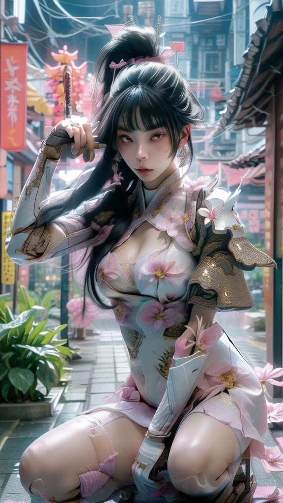  A sexy female character wearing white armor as a warrior from the Sengoku period 、((Messy bun hair))、((raven black hair))、((toned body))、(glistening skin)、 tight body、((mega breasts 1.8))、 plump breasts 、 plump thighs 、 The white armor with the Nadeshiko flower pattern engraved on it is a bikini type design that emphasizes chest exposure、(  wear a cape with a Nadeshiko flower pattern )、cocoon silhouette skirt、 white shin guard with Nadeshiko flowers engraved on it 、Pink high-leg underwear 、White tights、 absolute domain、((leaning forward))、((acrobatic pose))、Dramatic lighting、Big Yamabuki flowers in full bloom are blooming in front of the glorious hill where the sun is rising 、Big Asahi 、(( The background is full blooming with large Nadeshiko flowers blooming in full bloom ))、(( A sexy female character wearing white armor as a warrior from the Sengoku period ))、 cinema-like scene 、((Background Japanese dianthus)) 、((foreground　Japanese dianthus))、 Max Image、 Ultra High Definition、8k