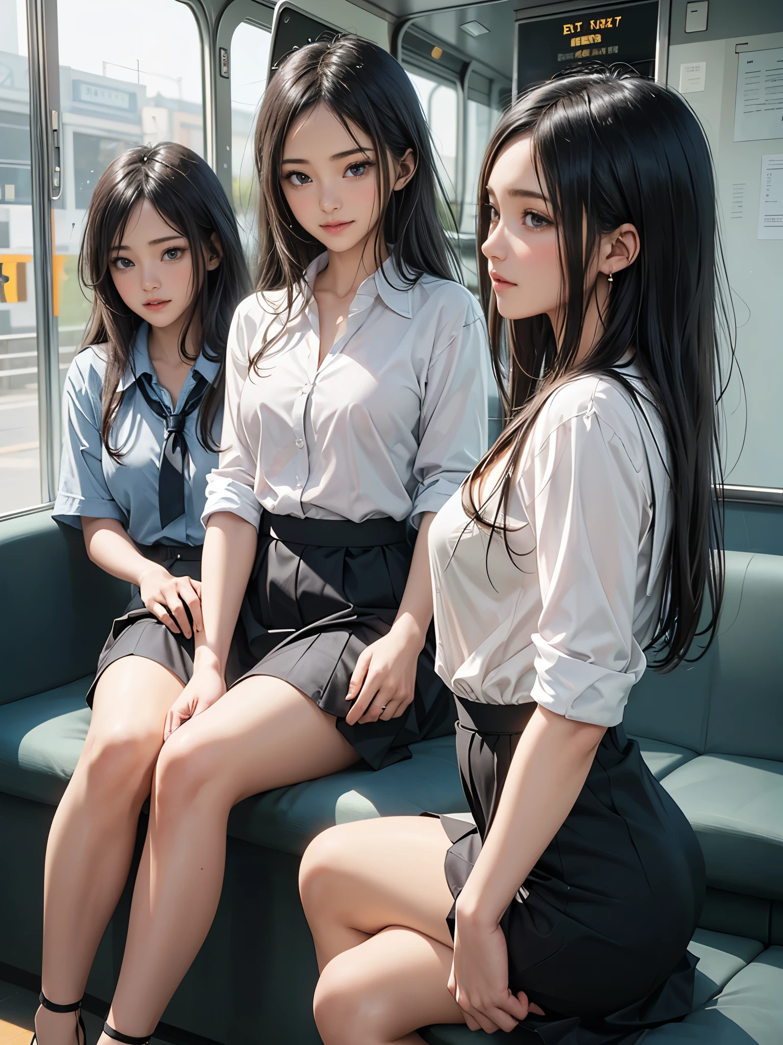 best quality, ultra high resolution, perfect anatomy, 3girls, 12 year old, european, schoolgirls, on a car backseat, spread legs, (white panties), (smile, laugh, playful, talking), best shadows, volumetric lighting