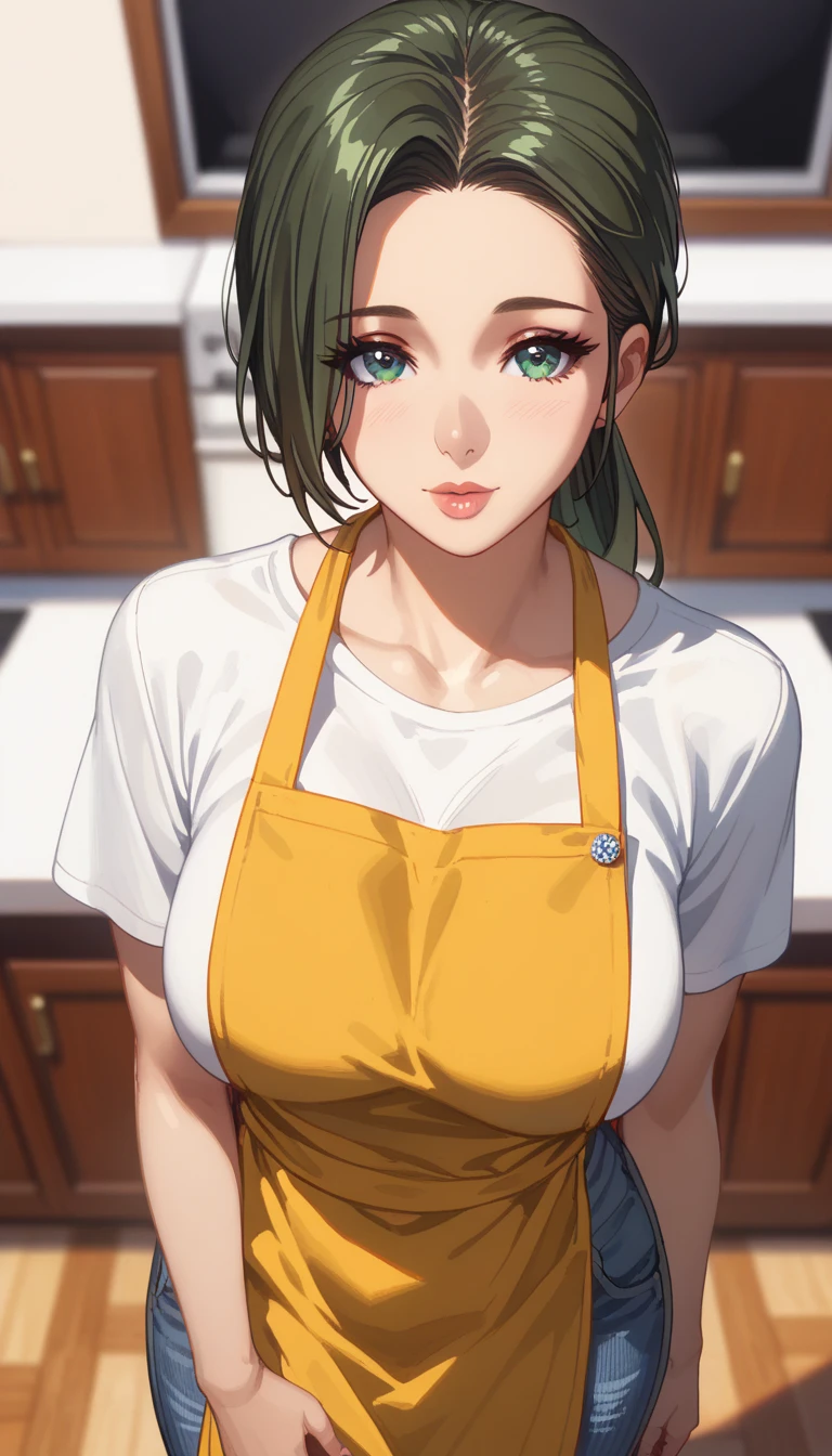 (masterpiece, best_quality:1.2), 1girl, solo, mature female, dark-green hair, low ponytail, t-shirt, jeans, apron, beautiful eyes, female focus, looking at viewer, ((above view)) ((close up shot)) ((solo)) detailed, very high resolution, no blurry image, standing, beautiful, elegant, serene expression, intricate details, detailed background, bedroom:1.3