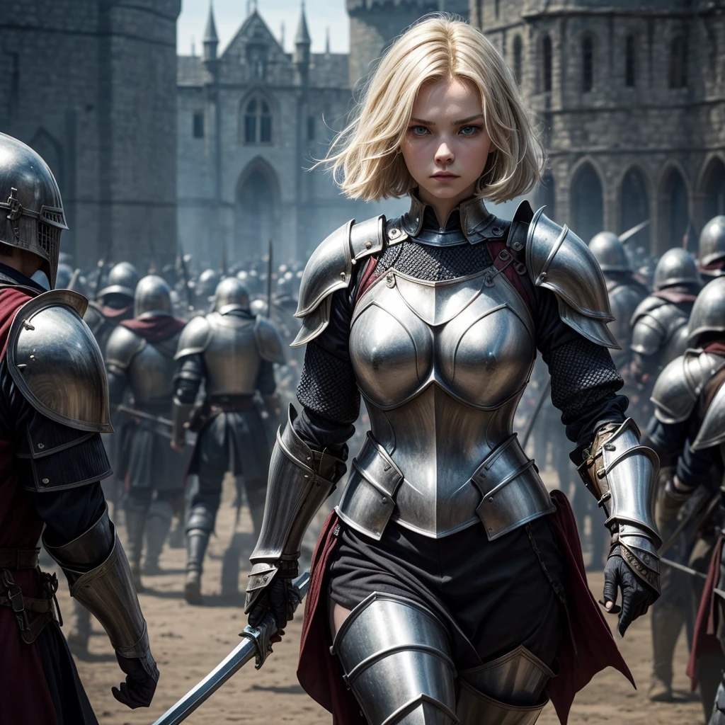 official art, (female human knight ) and assassins , fighting, castle,( realistic)