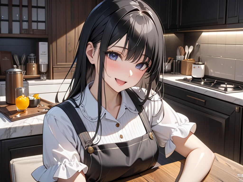 masterpiece, highest quality, One girl, View your viewers, Small waist, RAWphotograph,Hands intricately、Beautiful fingertips、 Ultra-realistic, High resolution, photograph, Sharp focus, Most detailed, Very detailed, Super detailed, In detail, Very detailed目と顔,Very detailed手と指、Young Wife、Thighs, beautiful girl,View your viewers, Small waist,Symmetrical face, whole body、uniform、Lace Apron、Cleavage、Large Breasts、Beautiful clavicle、Long Hair、はだけたThighs、Beautiful navel、美しいCleavage、The bouncing breasts、kitchen、cooking、Happy expression