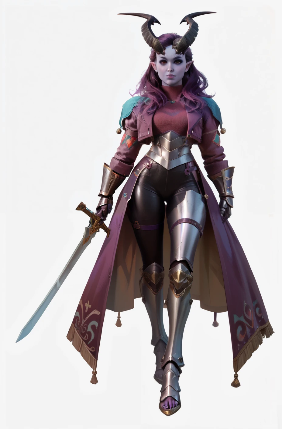 score_9, score_8_up, score_7_up, score_6_up
BGAlfira, Alfira, 1girl,demon horns, purple hair, purple skin, looking at viewer, simple background, full body, dressed in an armored suit jacket. noble jacket, leather pants, armored gauntlets, swords strapped on back. Strong, tall, long leg