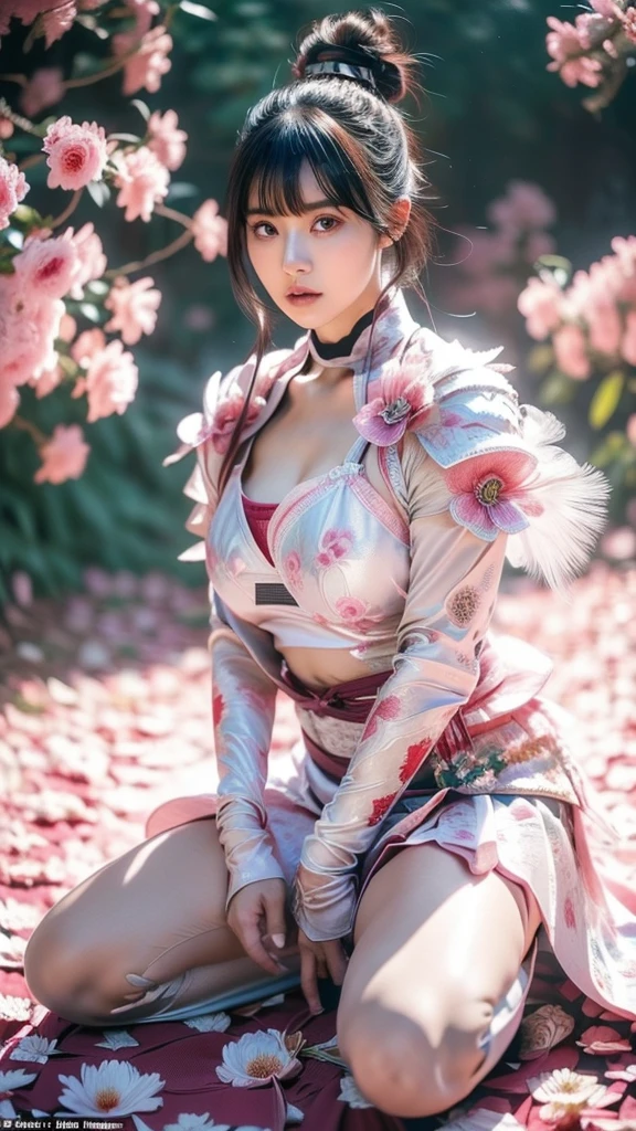  A sexy female character wearing white armor as a warrior from the Sengoku period 、((Messy bun hair))、((raven black hair))、((toned body))、(glistening skin)、 tight body、((mega breasts 1.8))、 plump breasts 、 plump thighs 、 The white armor with the Nadeshiko flower pattern engraved on it is a bikini type design that emphasizes chest exposure、(  wear a cape with a Nadeshiko flower pattern )、cocoon silhouette skirt、 white shin guard with Nadeshiko flowers engraved on it 、Pink high-leg underwear 、White tights、 absolute domain、((leaning forward))、((acrobatic pose))、Dramatic lighting、Big Yamabuki flowers in full bloom are blooming in front of the glorious hill where the sun is rising 、Big Asahi 、(( The background is full blooming with large Nadeshiko flowers blooming in full bloom ))、(( A sexy female character wearing white armor as a warrior from the Sengoku period ))、 cinema-like scene 、((Background Japanese dianthus)) 、((foreground　Japanese dianthus))、 Max Image、 Ultra High Definition、8k