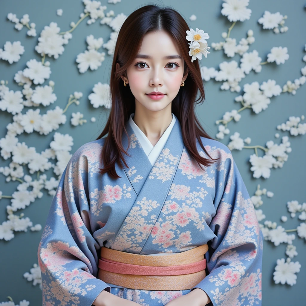 Pattern1.The image is a portrait of a young asian woman wearing traditional Japanese koso1. She is standing in front of a wall covered in blue and white flowers. The woman is wearing a long, flowing kimono with a floral pattern in shades of blue, pink, and orange. Her hair is styled in loose waves and she is wearing makeup with a small flower crown on her head. The overall mood of the image is peaceful and serene.