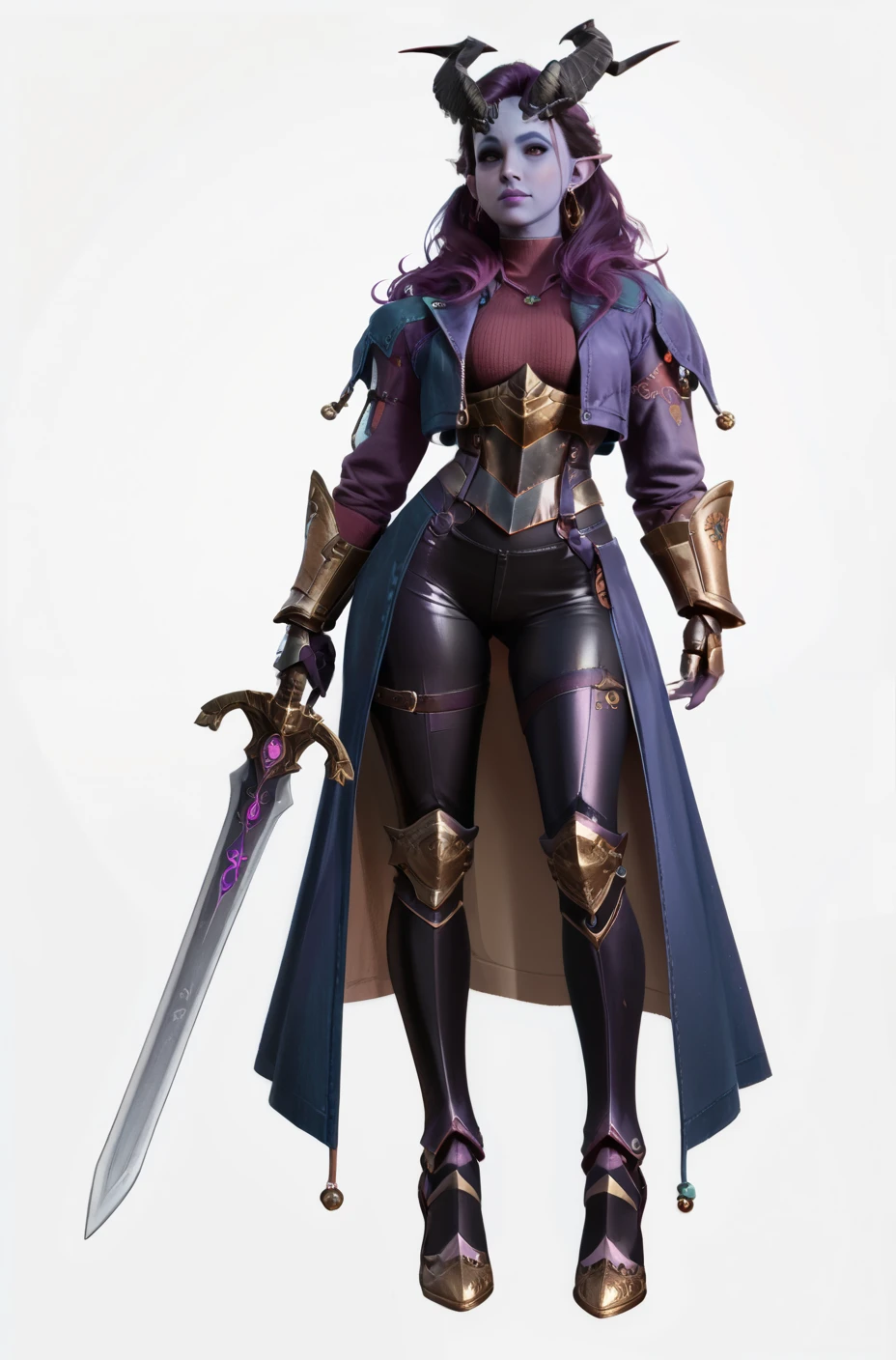 score_9, score_8_up, score_7_up, score_6_up
BGAlfira, Alfira, 1girl,demon horns, purple hair, purple skin, looking at viewer, simple background, full body, dressed in an armored suit jacket. noble jacket, leather pants, armored gauntlets, swords strapped on back. Strong, tall, long leg