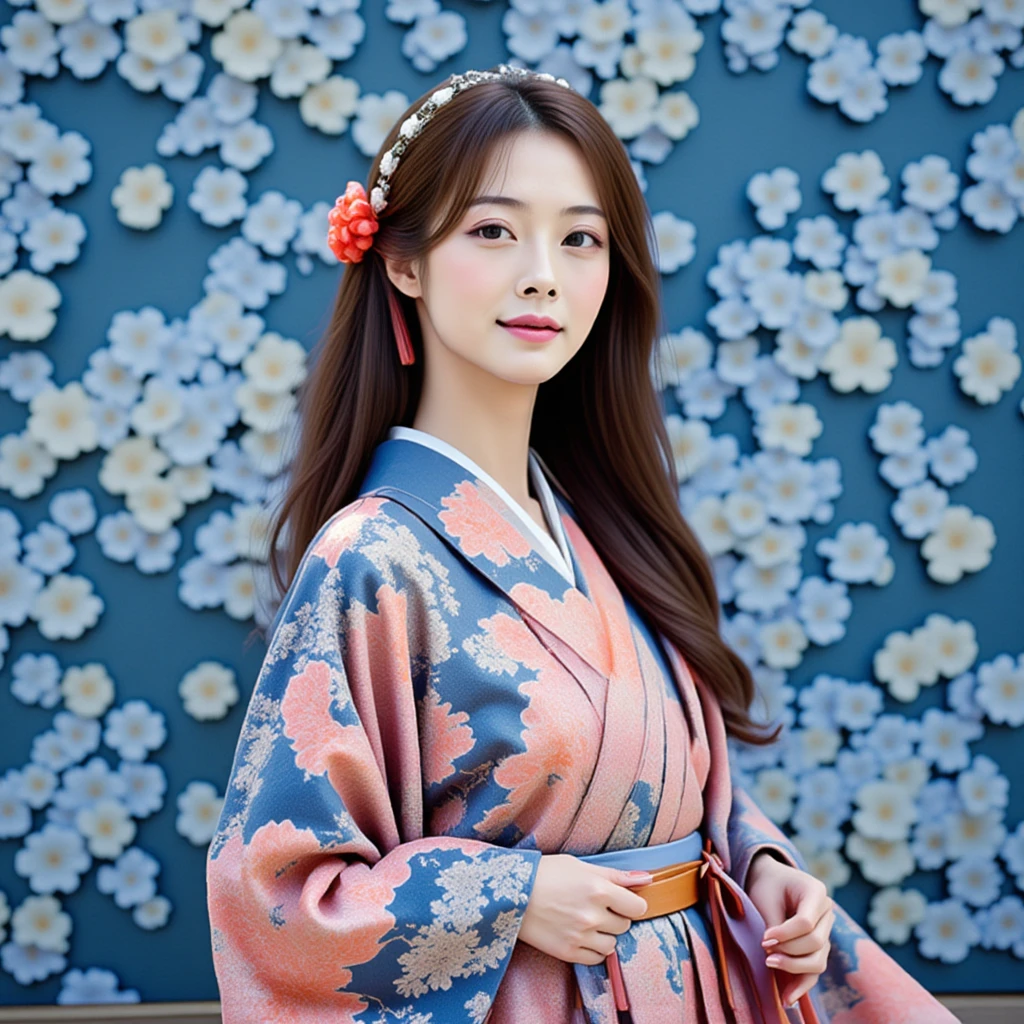 Pattern2.The image is a portrait of a young asian woman wearing traditional Japanese koso1. She is standing in front of a wall covered in blue and white flowers. The woman is wearing a long, flowing kimono with a floral pattern in shades of blue, pink, and orange. Her hair is styled in loose waves and she is wearing makeup with a small flower crown on her head. The overall mood of the image is peaceful and serene.