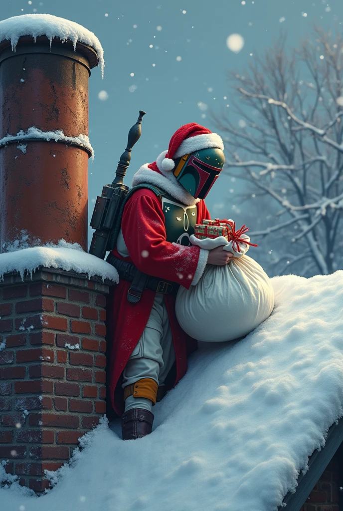 A realistic depiction of Christmas, featuring a snowy rooftop with a chimney. A character dressed in a Santa outfit, reminiscent of Django Fett, is attempting to enter through the chimney, holding a white sack filled with presents. The scene is festive and captures the magic of the holiday season.