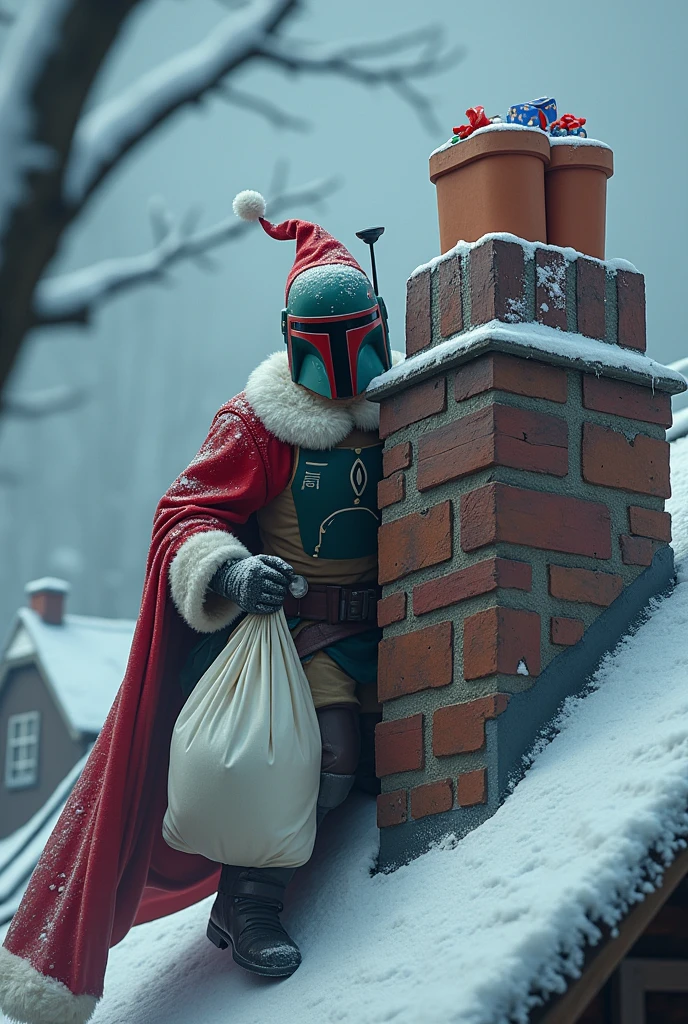 A realistic depiction of Christmas, featuring a snowy rooftop with a chimney. A character dressed in a Santa outfit, reminiscent of Django Fett, is attempting to enter through the chimney, holding a white sack filled with presents. The scene is festive and captures the magic of the holiday season.