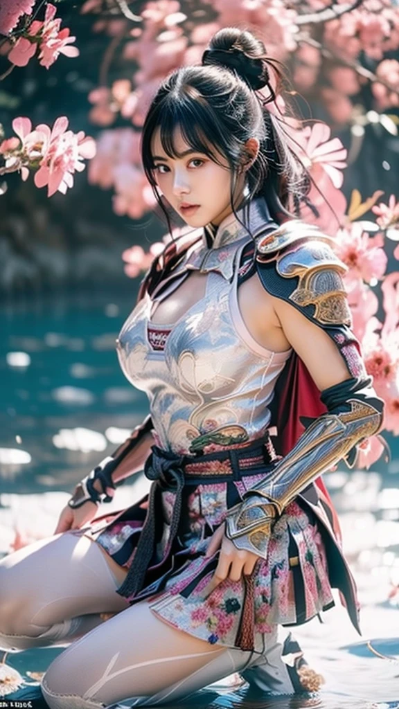  A sexy female character wearing white armor as a warrior from the Sengoku period 、((Messy bun hair))、((raven black hair))、((toned body))、(glistening skin)、 tight body、((mega breasts 1.8))、 plump breasts 、 plump thighs 、 The white armor with the Nadeshiko flower pattern engraved on it is a bikini type design that emphasizes chest exposure、(  wear a cape with a Nadeshiko flower pattern )、cocoon silhouette skirt、 white shin guard with Nadeshiko flowers engraved on it 、Pink high-leg underwear 、White tights、 absolute domain、((walking))、((acrobatic pose))、Dramatic lighting、Big Yamabuki flowers in full bloom are blooming in front of the glorious hill where the sun is rising 、Big Asahi 、(( The background is full blooming with large Nadeshiko flowers blooming in full bloom ))、(( A sexy female character wearing white armor as a warrior from the Sengoku period ))、 cinema-like scene 、((Background Japanese dianthus)) 、((foreground　Japanese dianthus))、 Max Image、 Ultra High Definition、8k