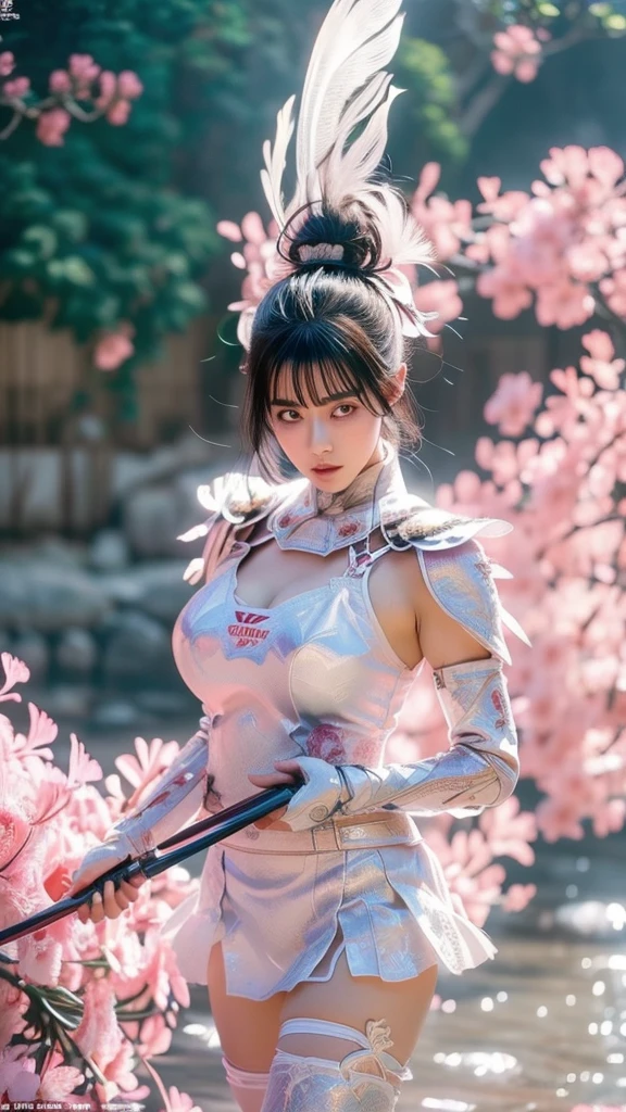  A sexy female character wearing white armor as a warrior from the Sengoku period 、((Messy bun hair))、((raven black hair))、((toned body))、(glistening skin)、 tight body、((mega breasts 1.8))、 plump breasts 、 plump thighs 、 The white armor with the Nadeshiko flower pattern engraved on it is a bikini type design that emphasizes chest exposure、(  wear a cape with a Nadeshiko flower pattern )、cocoon silhouette skirt、 white shin guard with Nadeshiko flowers engraved on it 、Pink high-leg underwear 、White tights、 absolute domain、((walking))、((acrobatic pose))、Dramatic lighting、Big Yamabuki flowers in full bloom are blooming in front of the glorious hill where the sun is rising 、Big Asahi 、(( The background is full blooming with large Nadeshiko flowers blooming in full bloom ))、(( A sexy female character wearing white armor as a warrior from the Sengoku period ))、 cinema-like scene 、((Background Japanese dianthus)) 、((foreground　Japanese dianthus))、 Max Image、 Ultra High Definition、8k