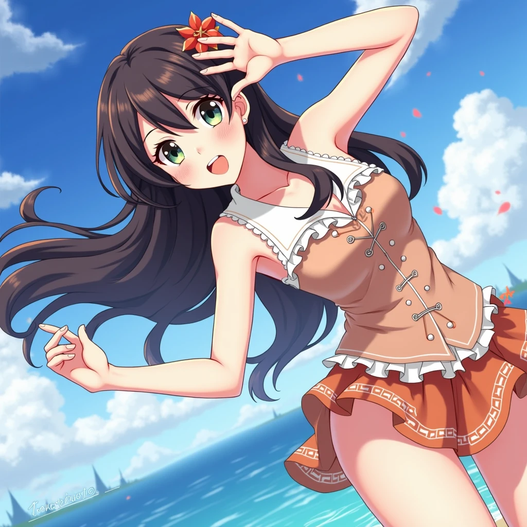 very cute and beautiful girl、Pokemonのキャラクター、big breasts、thin waist、perfect style、She is wearing a red halter neck camisole and a black miniskirt.、Brown long hair、blue eyes、Pokemon、poke ball