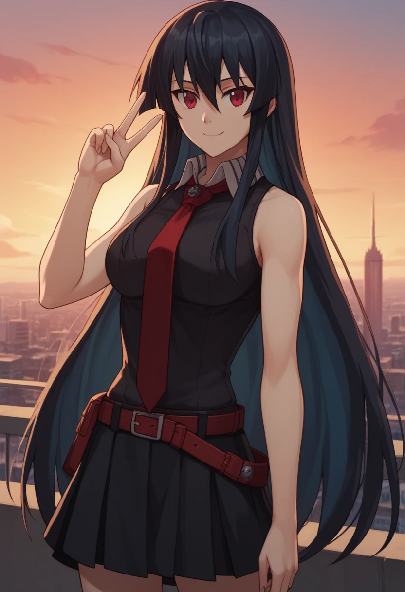 1girl, solo,akame, long hair, black hair, red eyes, hair between eyes,skirt, dress, necktie, sleeveless, belt, shirt, black shirt, collared shirt, red necktie, black skirt,An anime-style character in vibrant colors, smiling and making a peace sign with two fingers, wearing a casual outfit with a futuristic touch, bright blue hair, standing in front of a cityscape at sunset, highly detailed and dynamic pose.