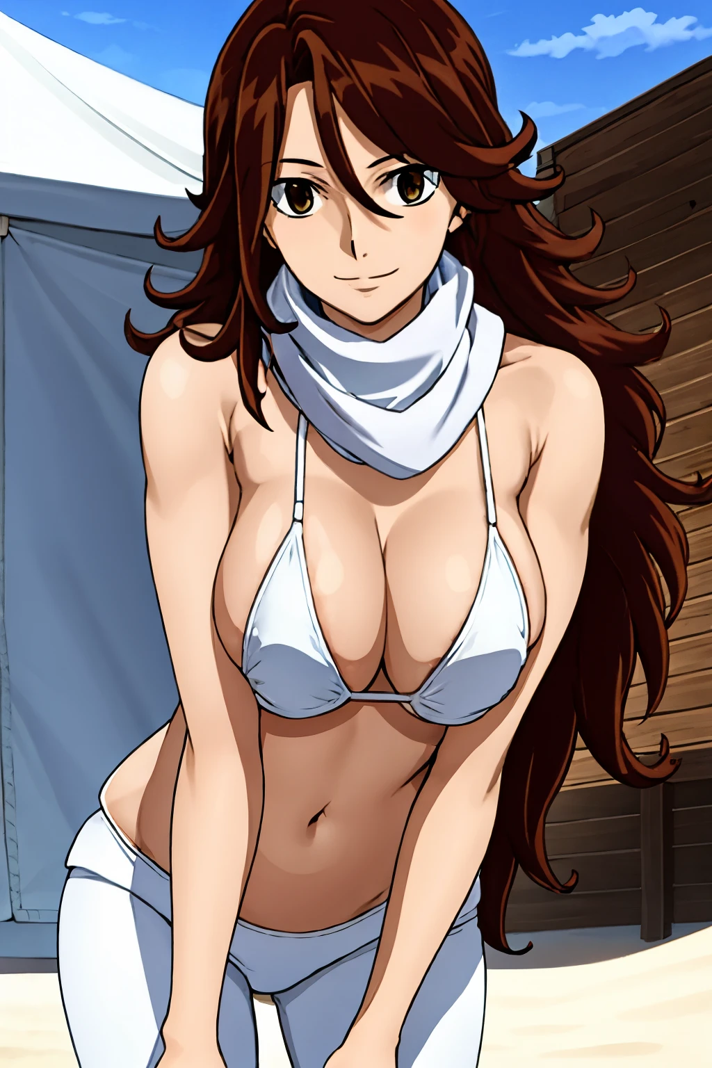 Flexing arm muscles, Karate stance, ((solo)), Best Quality, hires, curvy midsection, (tilt head, defined weak muscles, detailed muscles), smile, happy), upper body only, anime style: 1.8, anime drawing, ultra detailed face, ultra detailed body, 4k, Sumergai Lee Noriega, karate stance, best quality, anime style, hires, highest definition, digital blending, bold drawing lines, (((White Background))), ( (defined muscles), long attractive belly, slim body, ((strong arm muscles)), broad shoulders , off-shoulders, closed fists, (slutty bra, shorts, white gloves, , arm band, (champion belt))), (large breasts, defined cleavage, closed mouth, ), (big eyes, brown eyes, shiny eyes), (full black hijab)