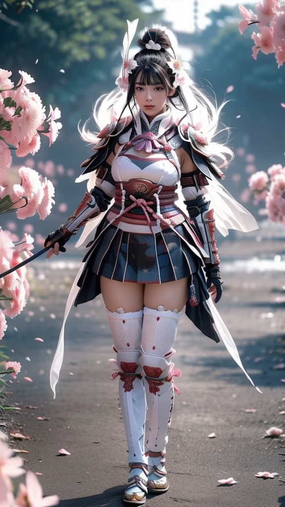  A sexy female character wearing white armor as a warrior from the Sengoku period 、((Messy bun hair))、((raven black hair))、((toned body))、(glistening skin)、 tight body、((mega breasts 1.8))、 plump breasts 、 plump thighs 、 The white armor with the Nadeshiko flower pattern engraved on it is a bikini type design that emphasizes chest exposure、(  wear a cape with a Nadeshiko flower pattern )、cocoon silhouette skirt、 white shin guard with Nadeshiko flowers engraved on it 、Pink high-leg underwear 、White tights、 absolute domain、((from front))、Dramatic lighting、Big Yamabuki flowers in full bloom are blooming in front of the glorious hill where the sun is rising 、Big Asahi 、(( The background is full blooming with large Nadeshiko flowers blooming in full bloom ))、(( A sexy female character wearing white armor as a warrior from the Sengoku period ))、 cinema-like scene 、((Background Japanese dianthus)) 、((foreground　Japanese dianthus))、 Max Image、 Ultra High Definition、8k