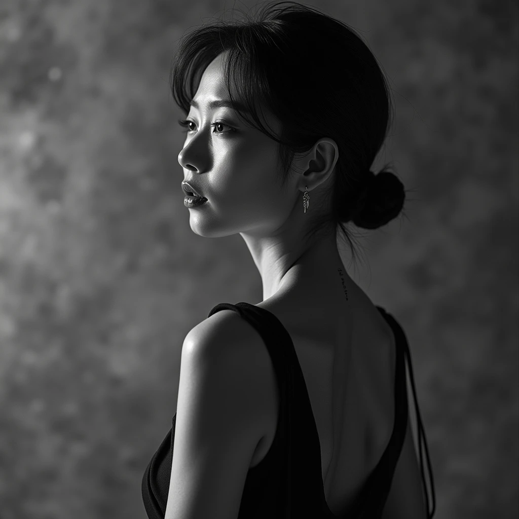 Black and white photography:1.331, close-up,  perfect drape configuration , Proper placement, Golden Ratio, ( masterpieces during breakfast,  top quality:1.331),  beautiful Japanese woman from below her feet, mature adult woman in clear clevis , mature adult woman in a tight mini dress, abstract grange black and white , Black and White Photography:1.331, 