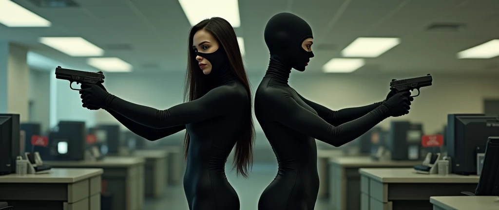 2 women wearing a Black Widow outfit wearing a balaclava and white gloves and leather shorts and wearing white boots with guns and kidnapping a woman tied to a chair with her feet tied, her hands tied, her eyes blindfolded in a jewelry store with guns to her head