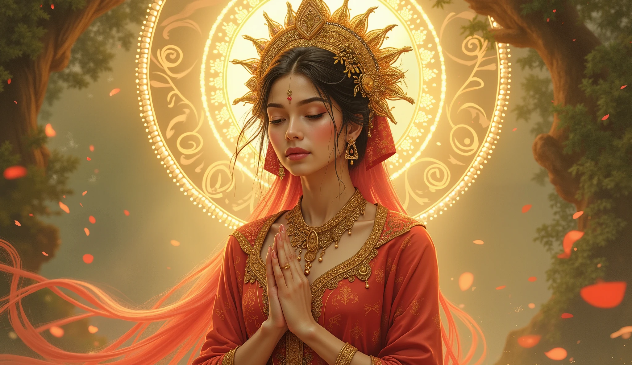 Parvati, the Hindu goddess, depicted in her serene and maternal form. She is shown as a beautiful woman with a gentle smile, seated gracefully on a lotus flower. Parvati has a fair complexion and wears traditional Indian attire with intricate gold jewelry. She has multiple arms, each holding symbols of power and protection, such as a lotus, a trident, and a hand raised in blessing. The background is a tranquil setting, perhaps a sacred mountain or a lush garden, symbolizing her connection to nature and her divine status.