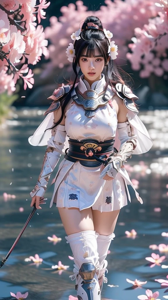  A sexy female character wearing white armor as a warrior from the Sengoku period 、((Messy bun hair))、((raven black hair))、((toned body))、(glistening skin)、 tight body、((mega breasts 1.8))、 plump breasts 、 plump thighs 、 The white armor with the Nadeshiko flower pattern engraved on it is a bikini type design that emphasizes chest exposure、(  wear a cape with a Nadeshiko flower pattern )、cocoon silhouette skirt、 white shin guard with Nadeshiko flowers engraved on it 、Pink high-leg underwear 、White tights、 absolute domain、((walking))、Dramatic lighting、Big Yamabuki flowers in full bloom are blooming in front of the glorious hill where the sun is rising 、Big Asahi 、(( The background is full blooming with large Nadeshiko flowers blooming in full bloom ))、(( A sexy female character wearing white armor as a warrior from the Sengoku period ))、 cinema-like scene 、((Background Japanese dianthus)) 、((foreground　Japanese dianthus))、 Max Image、 Ultra High Definition、8k