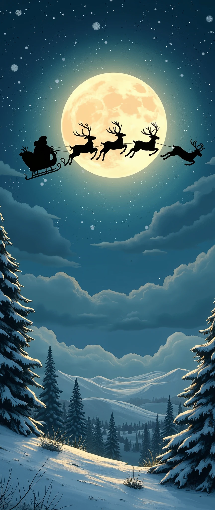 masterpiece, Best Illustration ,The black silhouettes of Santa and the reindeer flying with their backs to the moon are shown,Beautiful colors, christmas eve