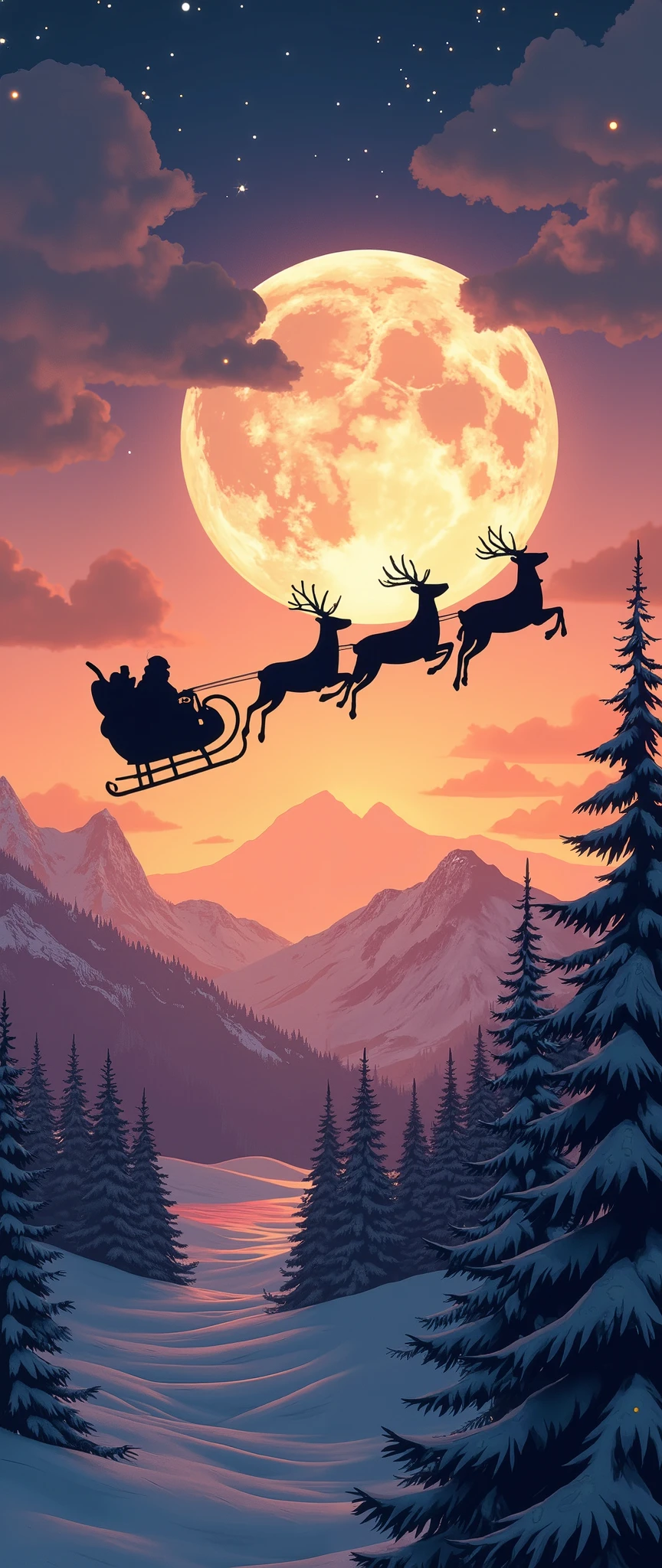 masterpiece, Best Illustration ,The black silhouettes of Santa and the reindeer flying with their backs to the moon are shown,Beautiful colors, christmas eve,( Beautiful Gradients)